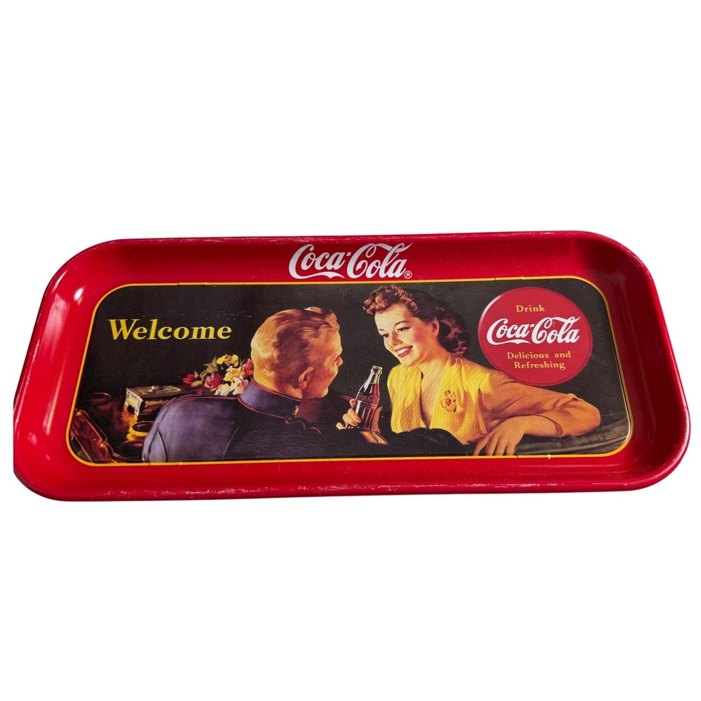 Coca-Cola Serving Tray 19x8 Red Vintage 1991 Welcome 1943 Poster Art Tin Metal